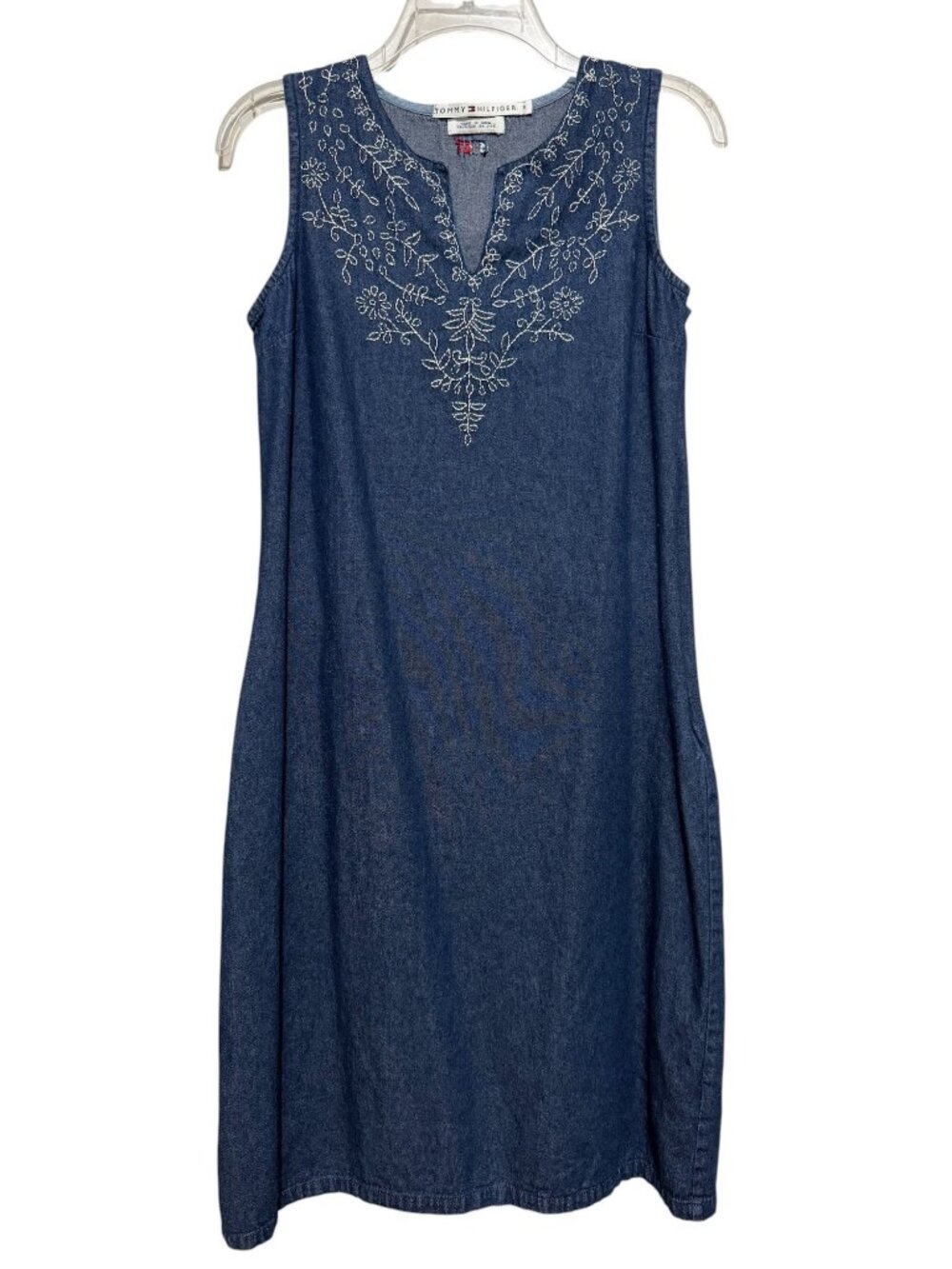 Tommy Hilfiger Blue Sleeveless Denim Dress Size 8 Embroidered Front Side Zip Y2K